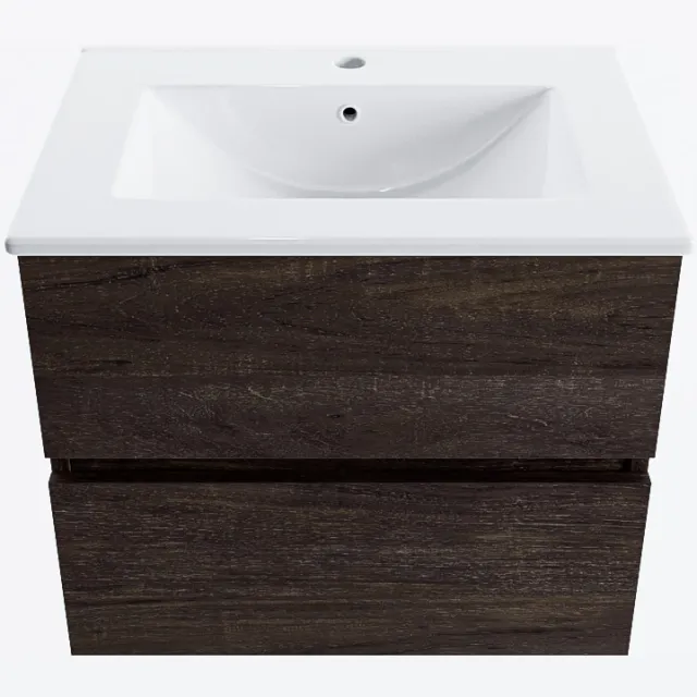 Mondiaz VICA 60cm badmeubel onderkast Dark Brown 2 lades. Wastafel DENIA midden 1 kraangat, kleur Glanzend Wit.
