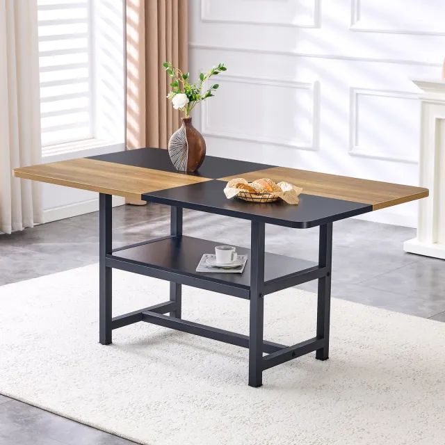COVREO Eettafel 160x90x76 cm – zwart met houtlook, metalen frame, opbergplank voor 4-6 personen