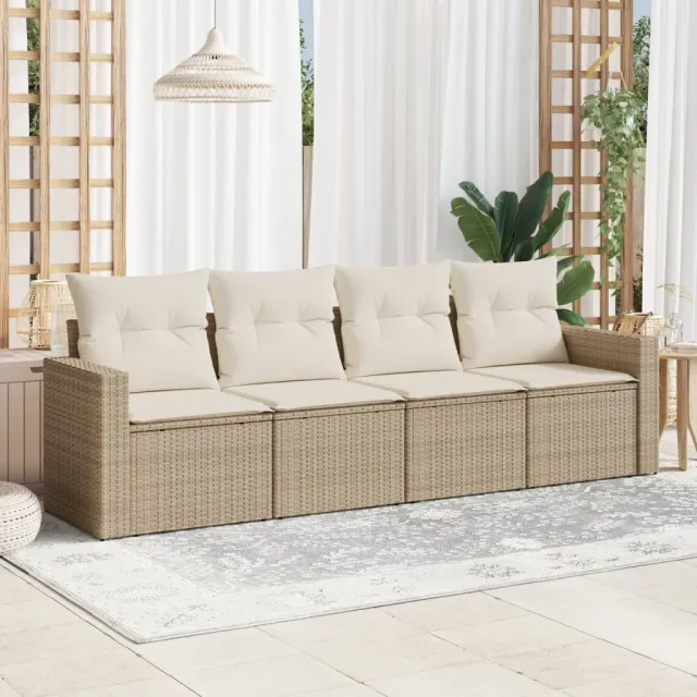 vidaXL 4-delige Loungeset met kussens poly rattan beige, foto 2