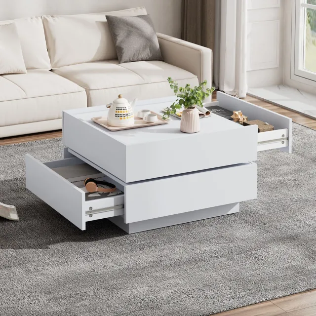MEUNIQ Salontafel 60 x 60 x 38 cm met 360° draaibaar tafelblad, 2 lades, opbergruimte en opstaande rand voor woonkamer, wit