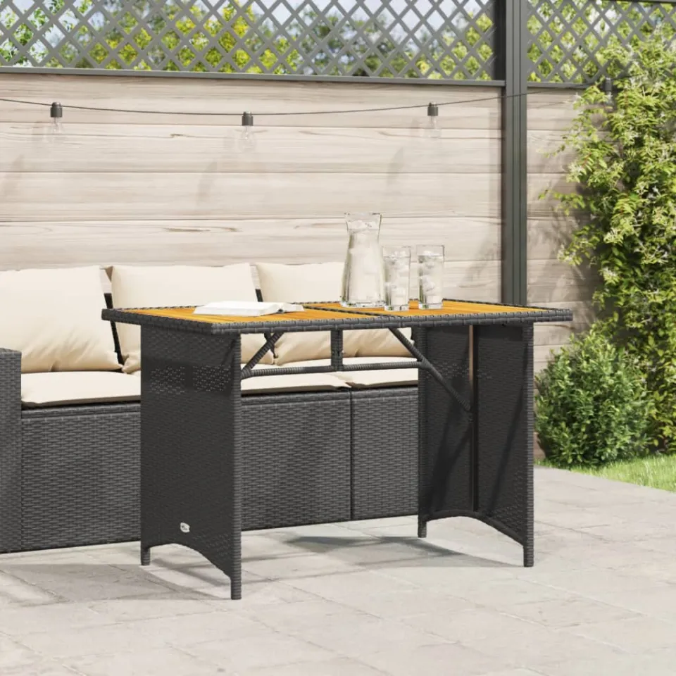 vidaXL Tuintafel met houten blad 110x68x70 cm poly rattan zwart, foto 3