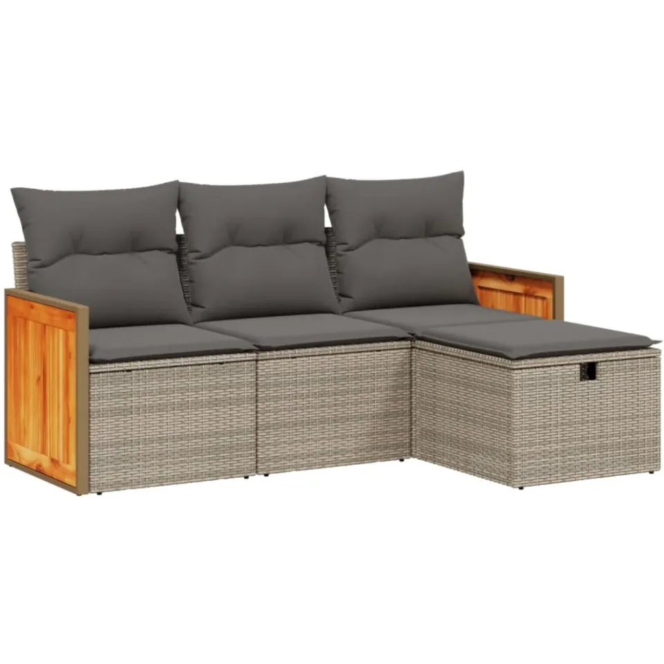 vidaXL 4-delige Loungeset met kussens poly rattan grijs, foto 3