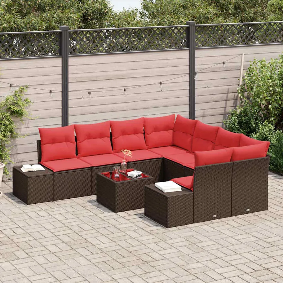 vidaXL Tuin Sofa Set 9 st Beige en Rood poly rattan, foto 3