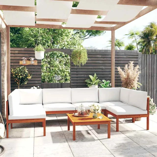 vidaXL 7-delige tuinloungeset met kussens crèmekleurig acaciahout en touw Wit