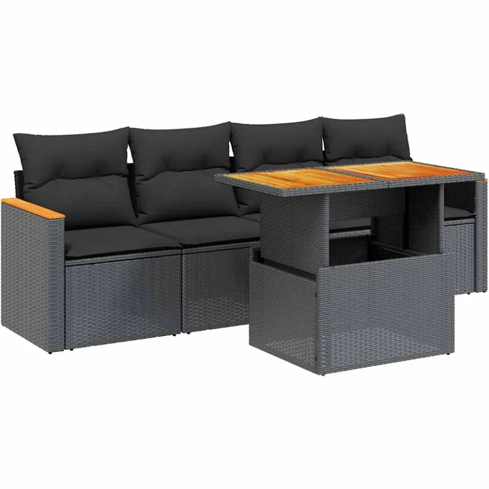 vidaXL 5-delige Loungeset met kussens poly rattan zwart, foto 3
