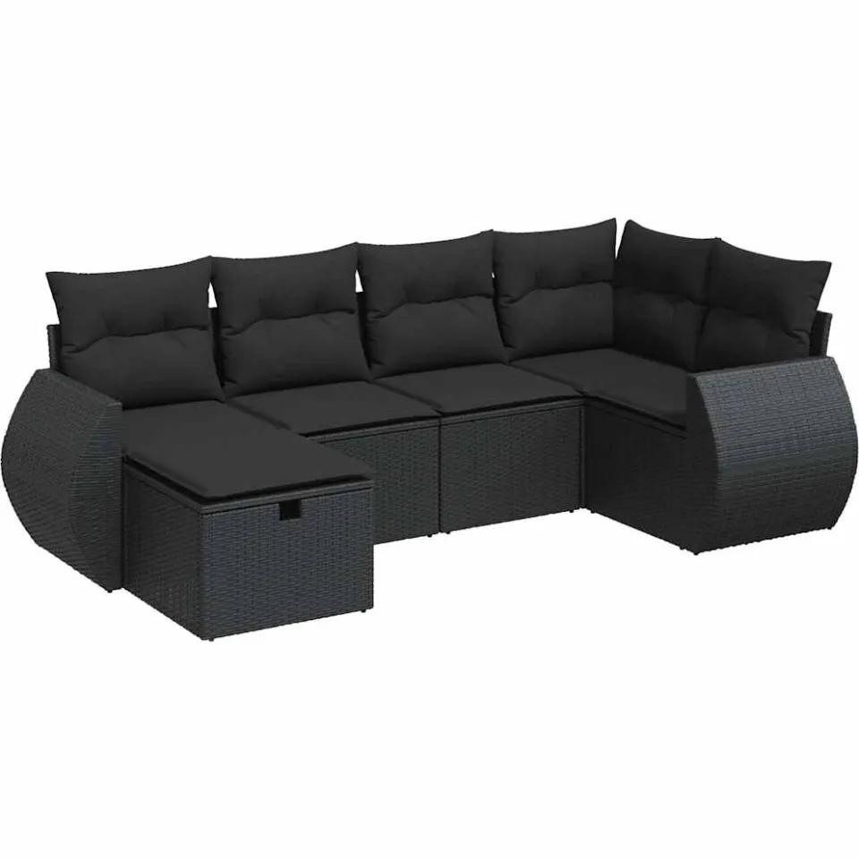 vidaXL 6-delige Loungeset met kussens poly rattan zwart, foto 3