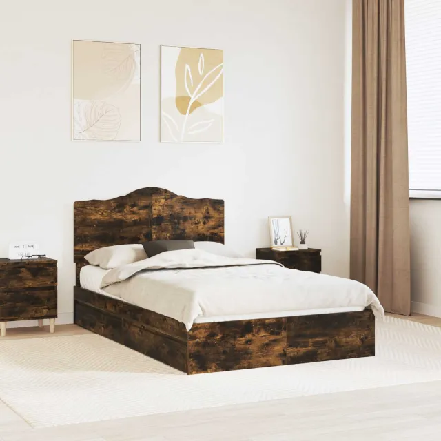 vidaXL Opslag bed met lade Gerookt eiken 135 x 190 cm Bewerkt hout Bruin