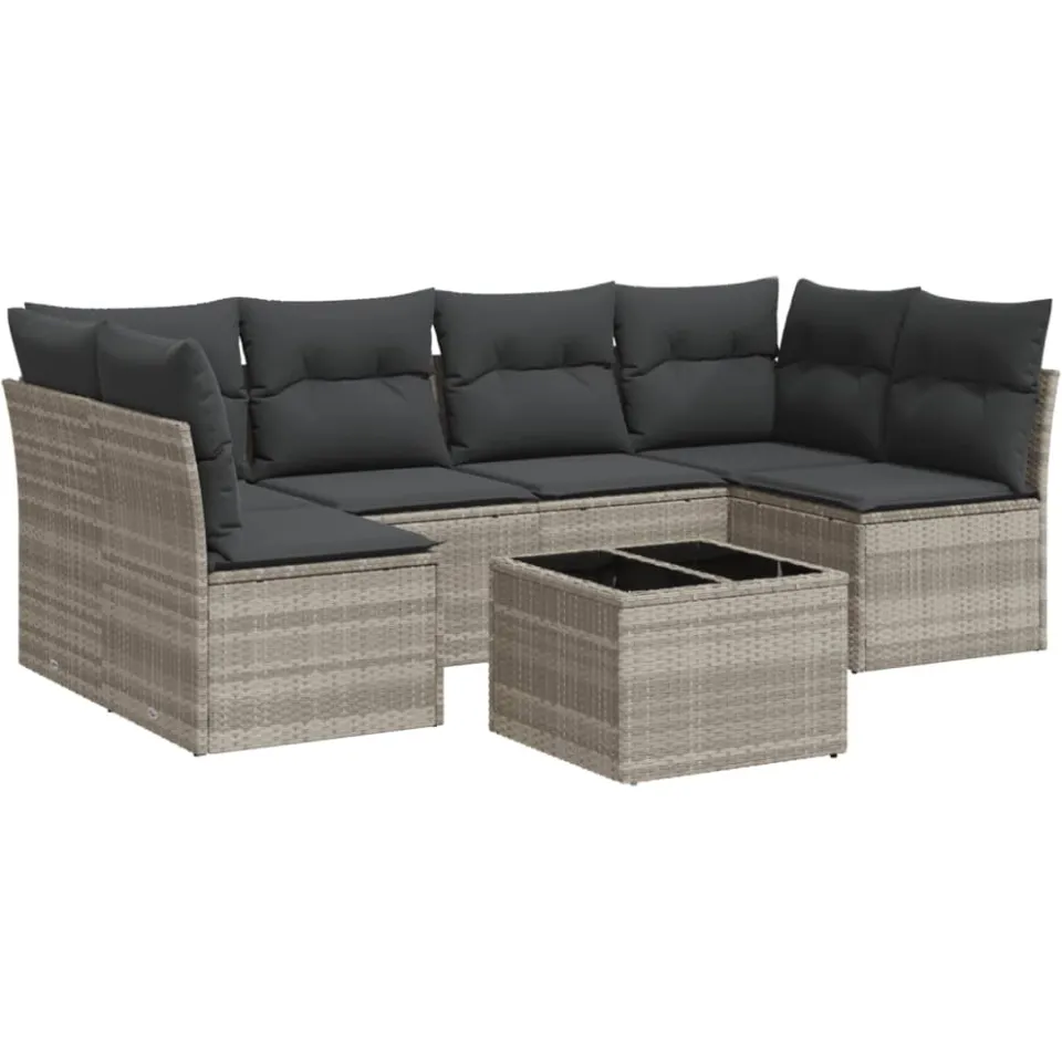 vidaXL 7-delige Loungeset met kussens poly rattan lichtgrijs grijs