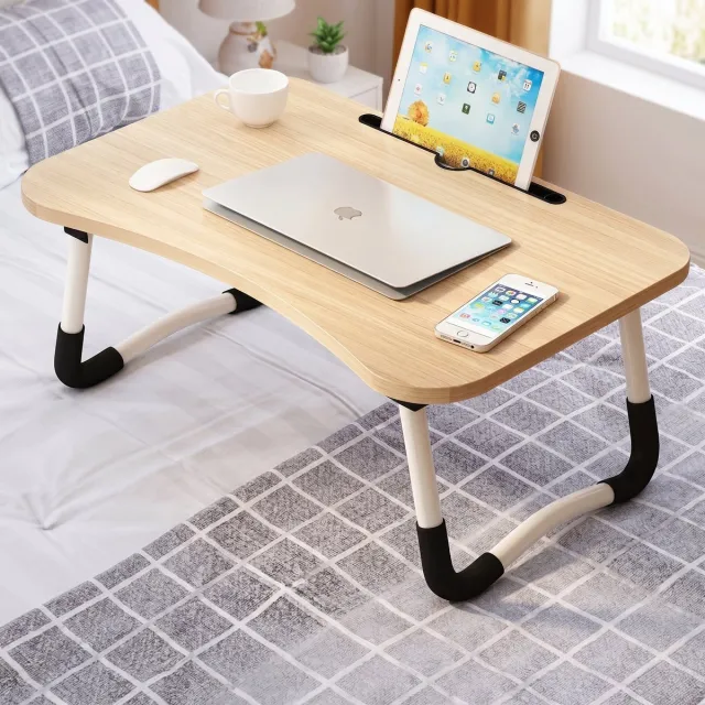Cheqo Laptoptafel Opklapbaar - Bedtafel - Schoottafel - Inklapbaar voor Schoot en Bank - Tablethouder - Bekerhouder - Laptopstandaard - Ontbijttafel - Werken in Bed - Laptop op Bed - Bijzettafel - Schootbureau - voor Laptop en Tablet Bruin