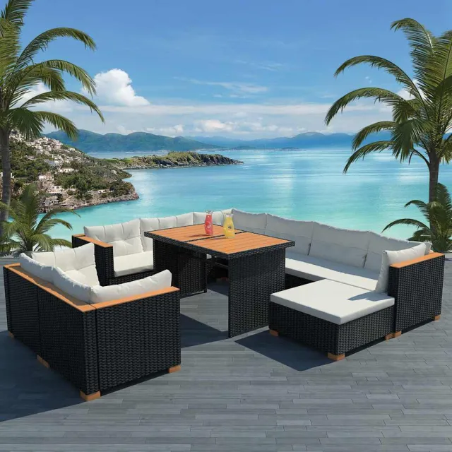 vidaXL 10-delige Loungeset met kussens poly rattan zwart, foto 2