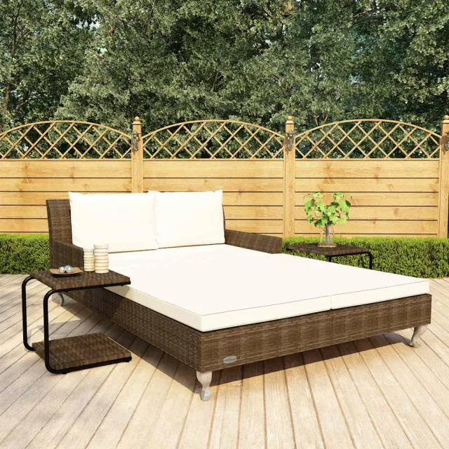 vidaXL Ligbed met kussens 2-persoons poly rattan bruin, foto 2