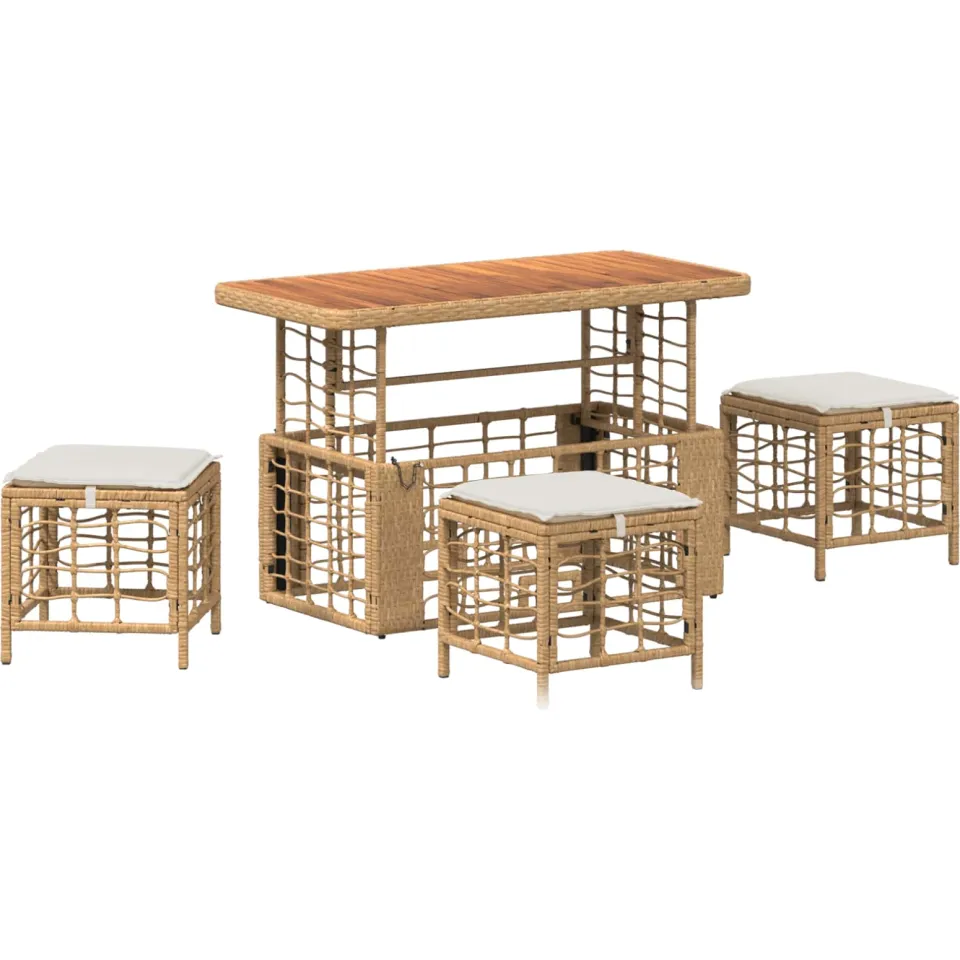 vidaXL Tuin eettafelset 4 st Natuur en Wit Poly Riet en Acaciahout Beige