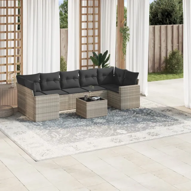 vidaXL 8-delige Loungeset met kussens poly rattan lichtgrijs