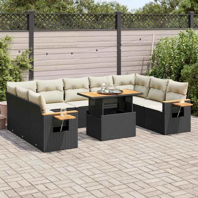 vidaXL 10-delige Loungeset met kussens poly rattan acacia zwart, foto 2