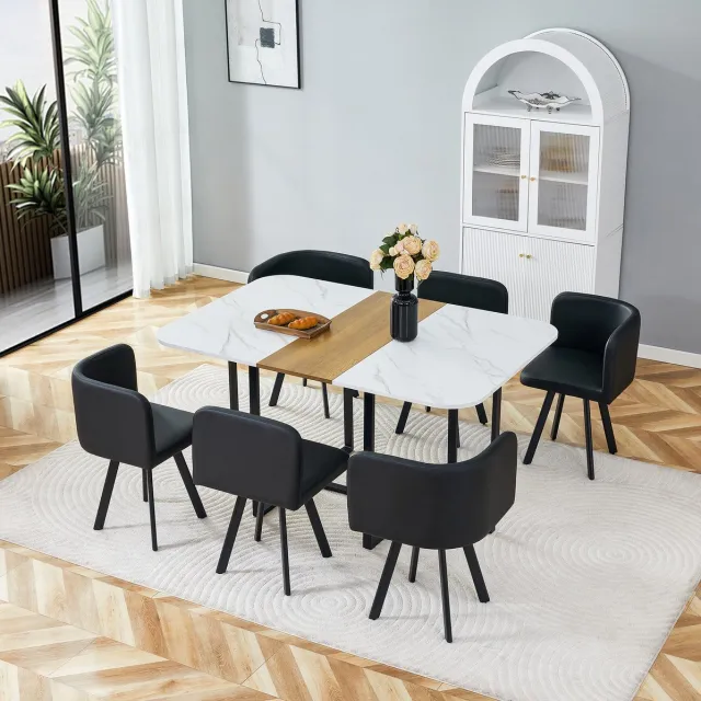 HAUSS SPOLE Set Tafel En Stoelen - 7 Delige Eethoek Met 1 Tafel En 6 Stoelen - Ruimtebesparend En Onderhoudsvriendelijk - Hout Metaal Wit En Houtkleur