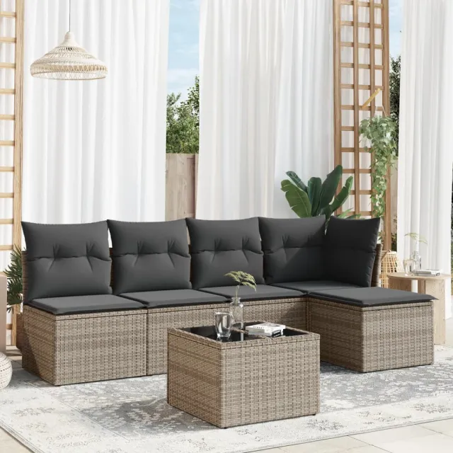 vidaXL 6-delige Loungeset met kussens poly rattan grijs, foto 2