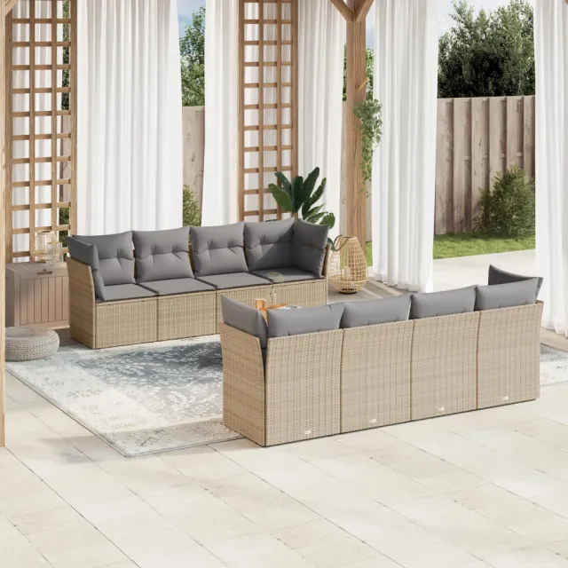 vidaXL 9-delige Loungeset met kussens poly rattan beige, foto 2