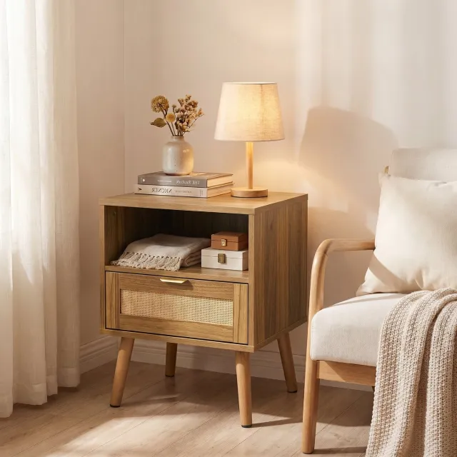 Clruro Nachtkastje - 45 x 40 x 55 cm - Rotan Lade en Open Vak - MDF en Massief Hout - Walnoot