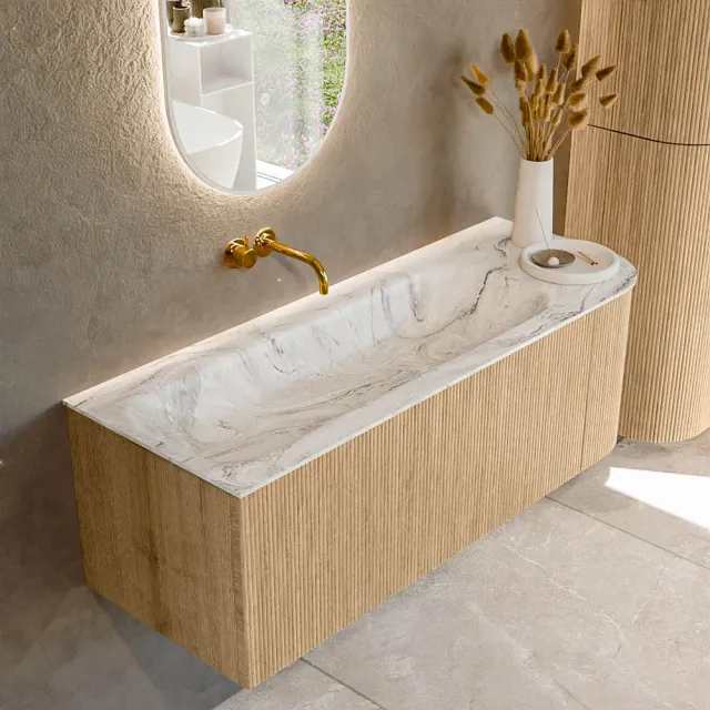 Mondiaz KURVE-DLUX 125 cm Onderkast Greeploos 1 Lade Met Deuren Oak, Wastafel Solid Surface Links Glace 0 Kraangaten Zonder Spiegel (KRVBGM125R1L1D0KL-Oak/Gla)