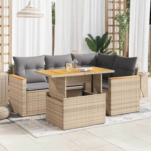 vidaXL 5-delige Loungeset met kussens poly rattan en acaciahout beige, foto 2