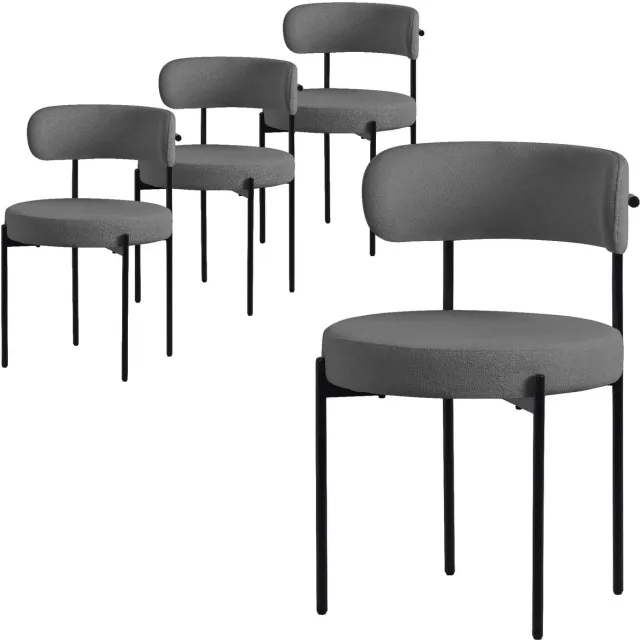ml-design eetkamerstoelen set van 4, keukenstoel in teddy stof grijs, woonkamerstoel met rugleuning, gestoffeerde stoelen met zwarte metalen poten, ergonomische loungestoelen, stoelen voor eetkamer