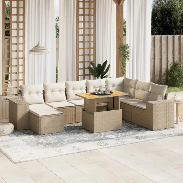 vidaXL 9-delige Loungeset met kussens poly rattan beige, foto 2