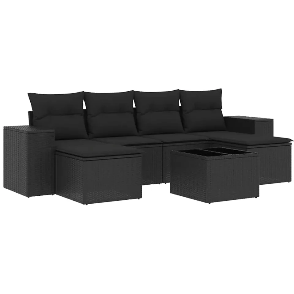 vidaXL 7-delige Loungeset met kussens poly rattan zwart, foto 3