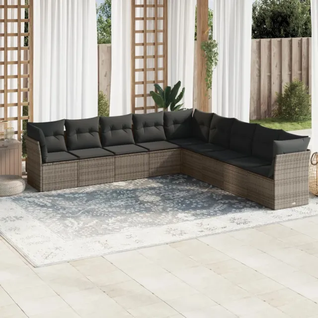 vidaXL 9-delige Loungeset met kussens poly rattan grijs, foto 2