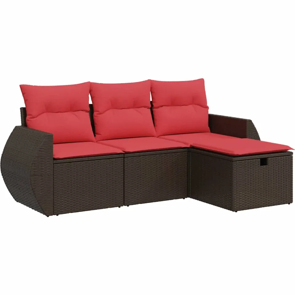 vidaXL 4-delige Loungeset met kussens poly rattan bruin, foto 3