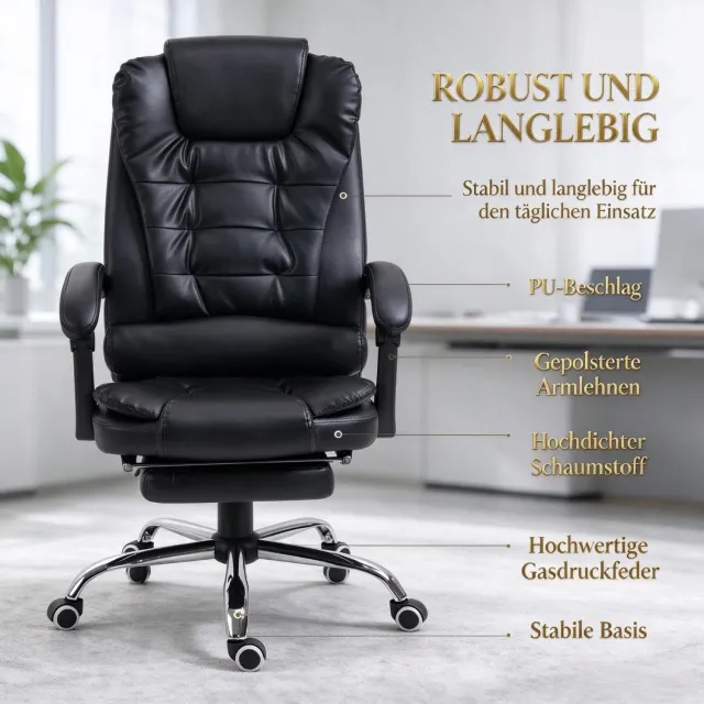 OKWISH Bureaustoel 64,5 x 69 x 109-117 cm - Verstelbare Zithoogte en Kantelbare Rugleuning - Voor Kantoor - Kunstleer - Zwart