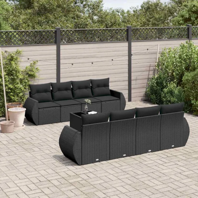 vidaXL 9-delige Loungeset met kussens poly rattan zwart, foto 2