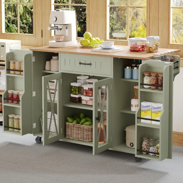 OKWISH Keukeneiland op Wielen - Opklapbaar Werkblad en Lade - Voor Koken en Eten - Groen MDF met Houtlook Werkblad - 120 x 69 x 90 cm