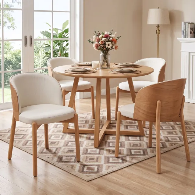 Welltin Eetkamerstoelen - Set van 4 - Massief houten eetkamerstoel - Moderne stoel - Linnen stoel - Comfortabele stoel - Ademend zitmeubel - Woonkamerstoel - Keukenstoel - Café stoel - Houten stoel - Scandinavische stijl - Natuurhoutkleur Natuurlijke houtkleur