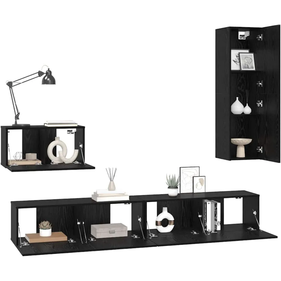 vidaXL Wand TV Kast 4 st Zwart Eiken Bewerkt hout