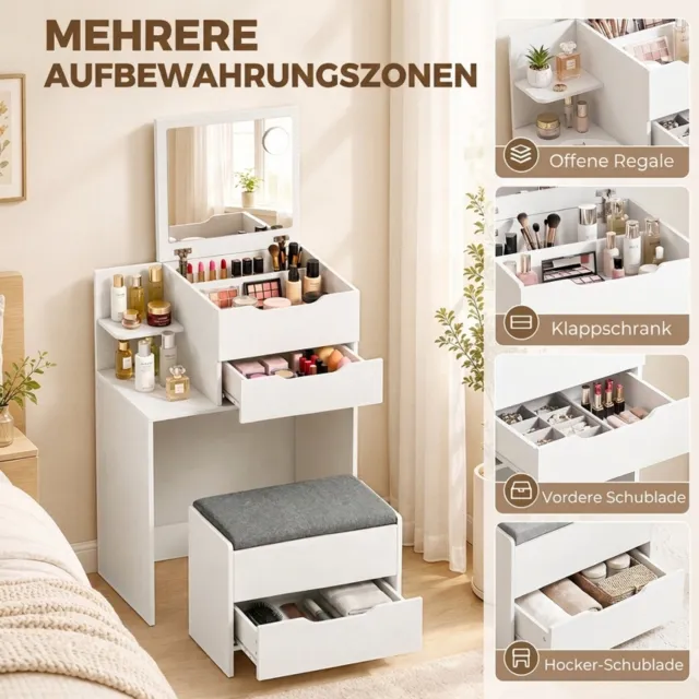 Wishdor Kaptafel met klapspiegel en kruk - Ook als schrijftafel te gebruiken - Met lades en opbergvakken - Scandinavische stijl - Voor slaapkamer en jeugdkamer - Bewerkt hout - Wit - 40 x 60 x 129,8 cm