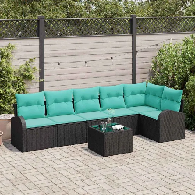 vidaXL Tuinbankenset 7 st Zwart en Turquoise poly rattan, foto 2