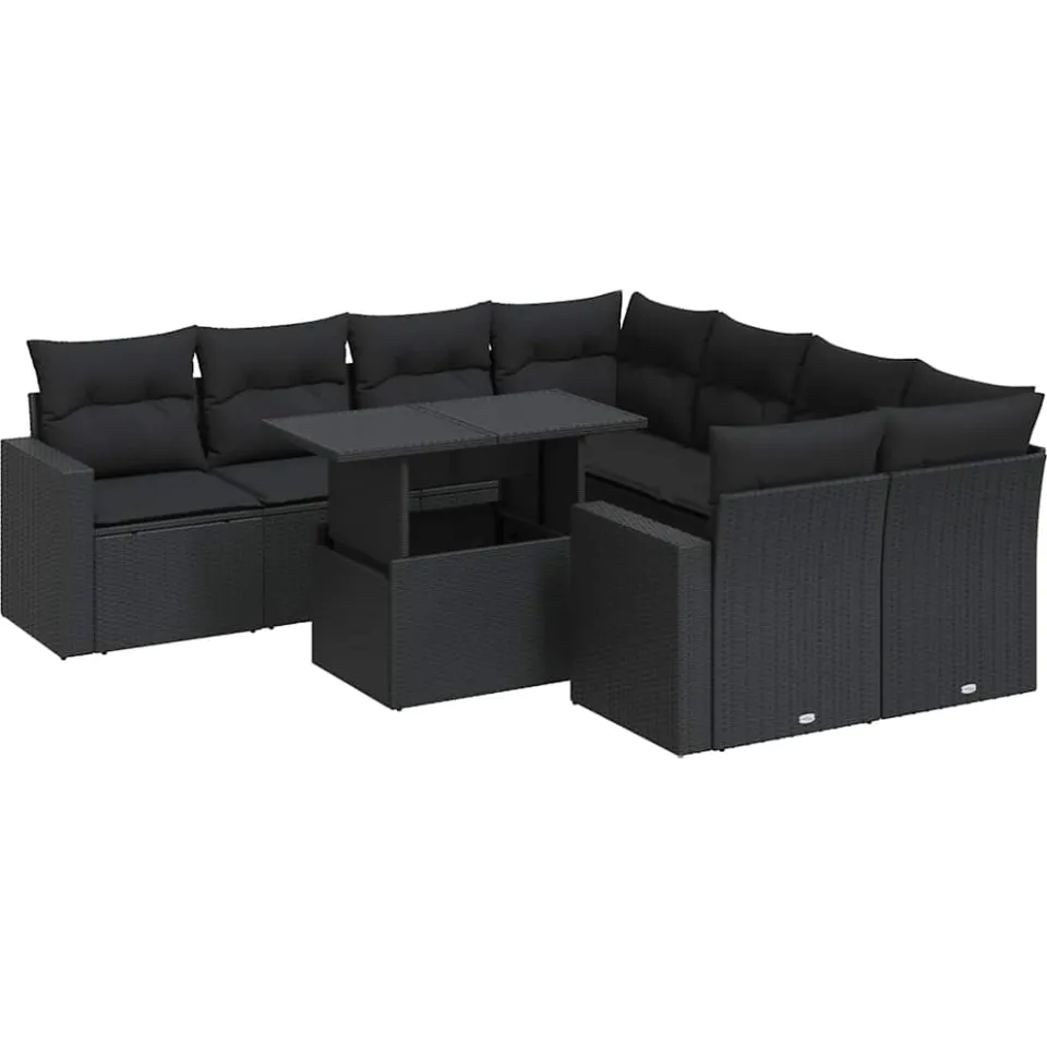 vidaXL 9-delige Loungeset met kussens poly rattan zwart, foto 3