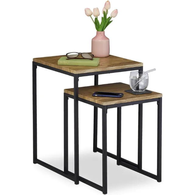 PEAM Set Van 2 Bijzettafels - Industrieel Design - Vierkante Tafels In Houtkleur En Zwart Metaal (Mimiset Met Twee Groottes) ZWART EN BRUIN