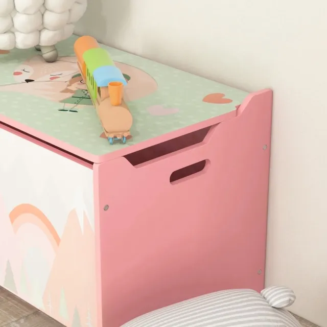 FloraGrace Speelgoedkist Veiligheidsscharnier – 60 x 37 x 39 cm – Hout – Roze – Met Deksel En Opbergruimte Voor De Kinderkamer – Afgeronde Hoeken