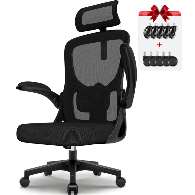 Authmic Bureaustoel – Ergonomische Bureaustoel – 5D Lendensteun & 3D Hoofdsteun – Zacht Gewatteerde Opklapbare Armleuningen – 130° Kantelbare Rugleuning – Ademend Mesh – Comfortabel & Volledig Verstelbaar – Office Chair voor Volwassenen Zwart