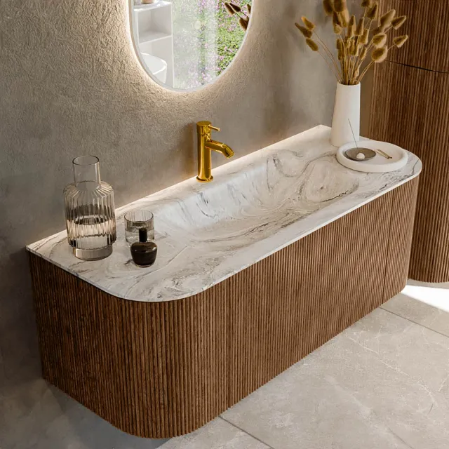 Mondiaz KURVE-DLUX 120 cm Onderkast Greeploos 1 Lade Met Deuren Walnut, Wastafel Solid Surface Midden Glace 1 Kraangat Zonder Spiegel (KRVBGS120L+R1L2D1KM-Wal/Gla)