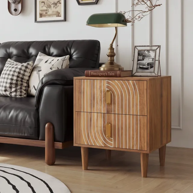 Pugsdrly Bohemian nachtkastje met vier poten en 2 lades, nachtkastje met geometrische inleg, zijkastje met walnootfineer, opbergmeubel voor slaapkamer Walnootbruin
