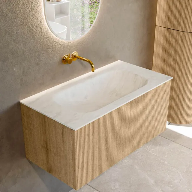 Mondiaz KURVE-DLUX 90 cm Onderkast Greeploos 1 Lade Zonder Deuren Oak, Wastafel Solid Surface Midden Opalo 0 Kraangaten Zonder Spiegel (KRVBGS901L0D0KM-Oak/Opa)