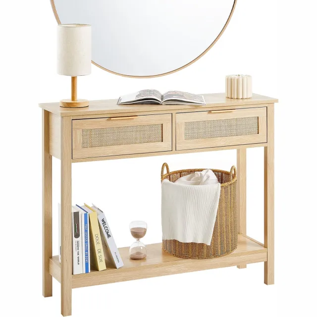 Corenia Rattan Sidetable – Bijzettafel – Console Tafel – Opbergmeubel – Haltafel – Natuurlijk Rattan – 2 Lades – Warme Eikenhoutkleur Bruin
