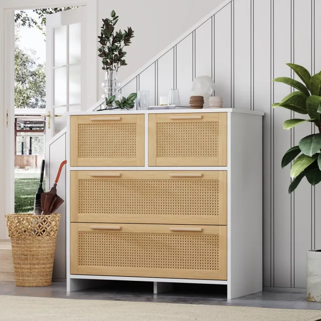 MIVRAY Ladekast - Moderne Rotanfront Met 4 Lades En Anti Kantel - Voor Slaapkamer Woonkamer En Hal - MDF - 80x80x38 Cm Natuur