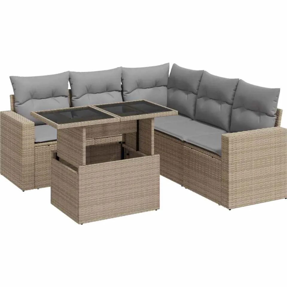 vidaXL 6-delige Loungeset met kussens poly rattan beige, foto 3