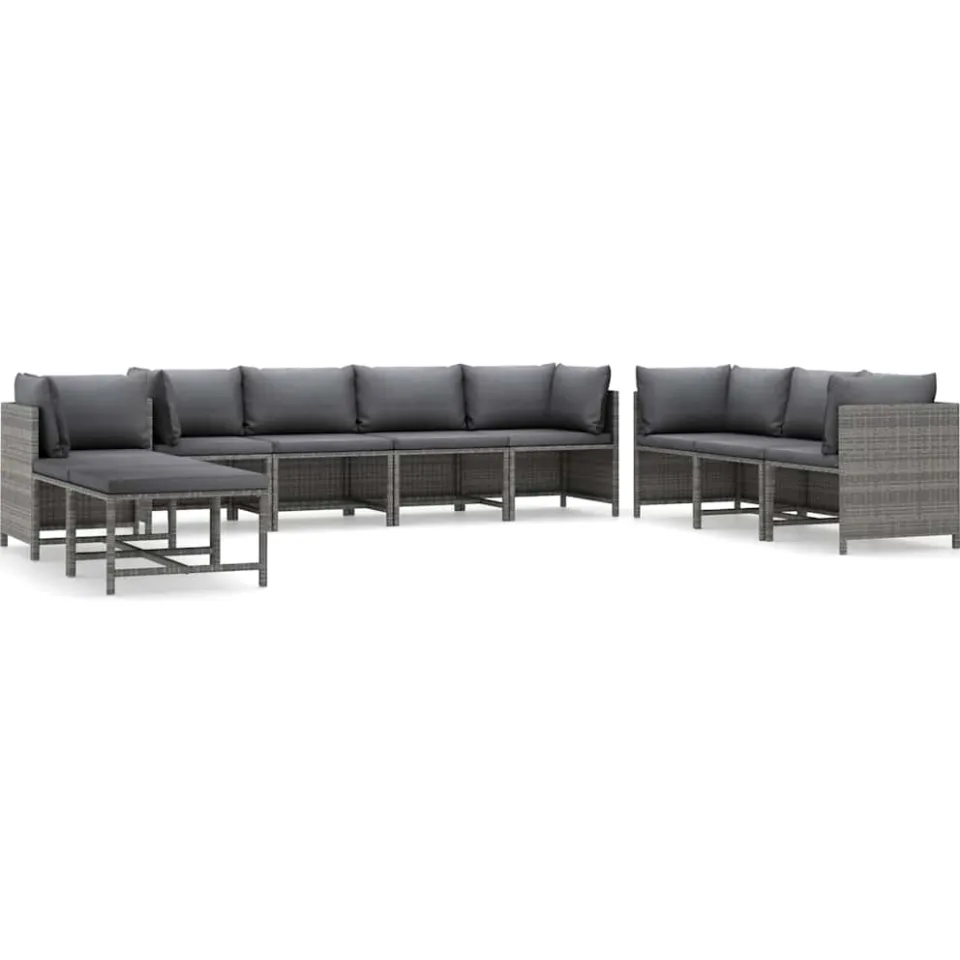 vidaXL 10-delige Loungeset met kussens poly rattan grijs