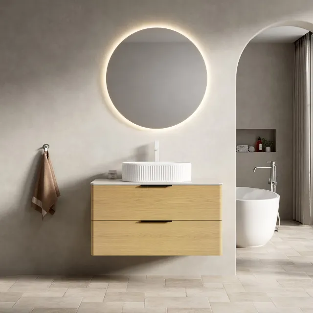 MODFU Badkamer Wastafelmeubel - Zwevend - Ovale Wastafel - 2 Lades - Travertin - Eikenlook - 90 Cm Beige