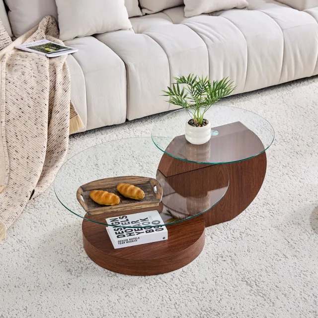 MEUNIQ Salontafel 90 x 70 x 44 cm – asymmetrische tafel met twee lagen veiligheidsglas, MDF onderstel in walnootlook en antislipvoeten voor woonkamer Transparant