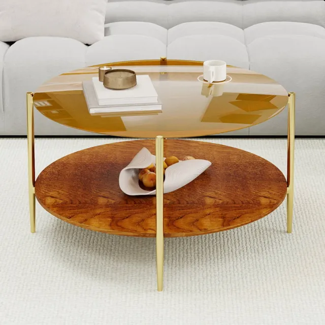 MODFU Salontafel - Rond - Gouden Glazen Blad - Houten Onderblad - Modern